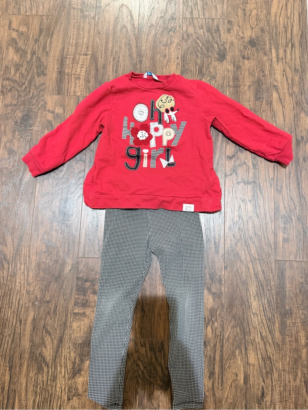 Red "Oh Happy Girl" Sweatshirt and Black/White Houndstooth Leggings Set - Picture 1 of 3